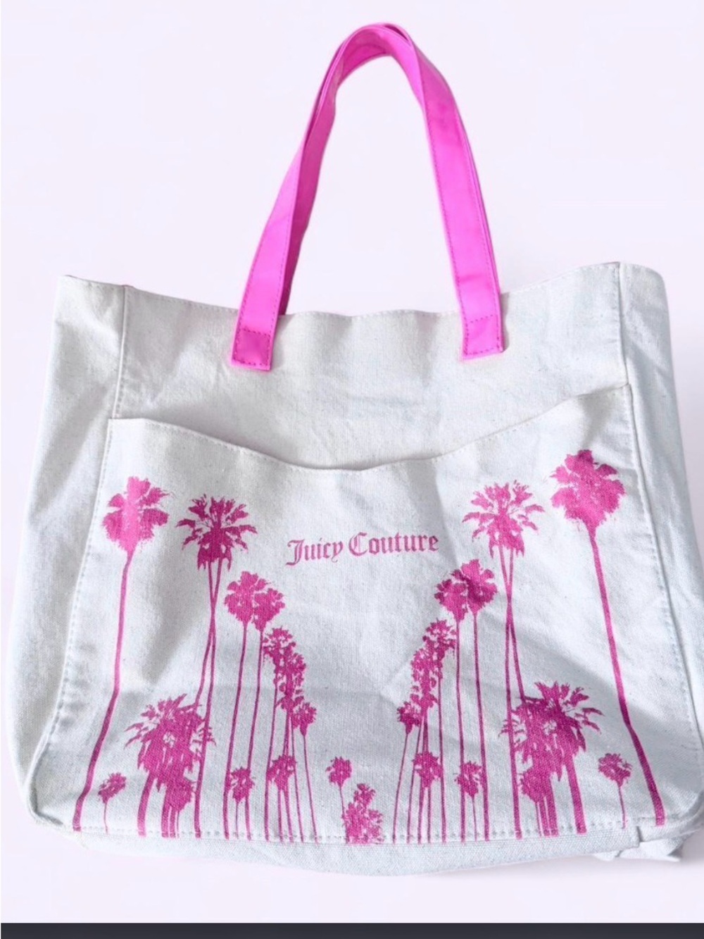 Juicy Couture White Canvas Tote with Hot Pink Palm Tree Graphic and Pink Handles